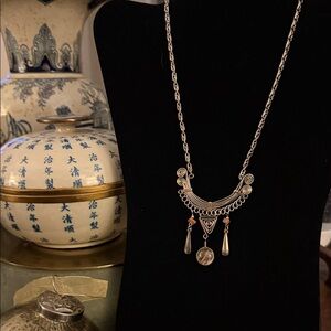 Elegant handmade, alpaca Silver Necklace with  pink and white glass Accents